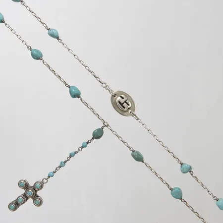 Radband/rosenkrans med turkoser, längd ca 46,8cm, bredd 2-80mm, 925/1000 silver, bruttovikt: 14,6g.