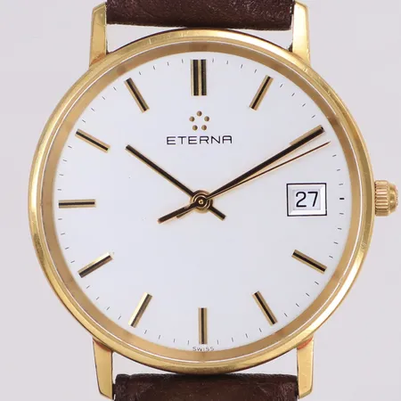 Herrur Eterna, 18K, quartz (går ej), 33,5mm, boettnr: 4100.68, datum, gravyr, brunt läderband, inga tillbehör 