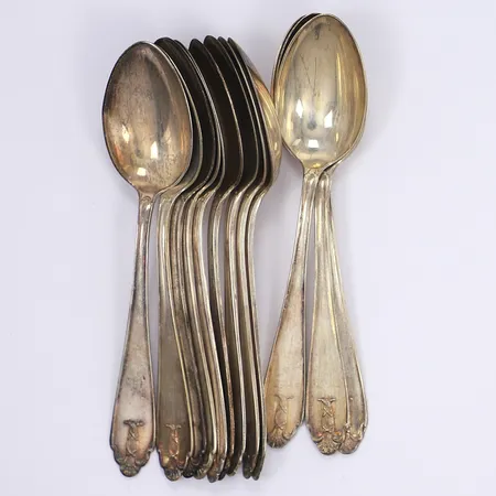 12 Kaffeskedar Modell Vasa GAB Stockholm 1929-1930 längd 12cm repor silver 830/1000 Vikt: 154,6 g