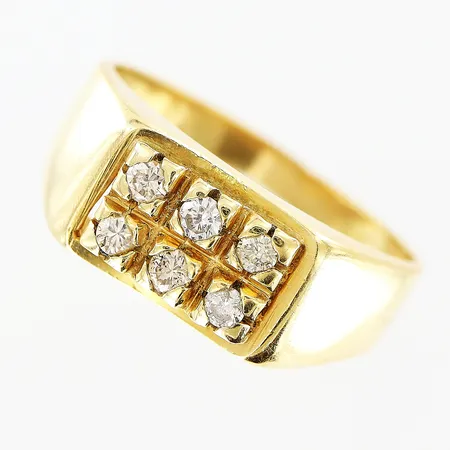 Klackring med diamanter 6 x ca 0,04ct, stl 19½, bredd 2,5-8mm, skev skena, 18K Vikt: 4,8 g