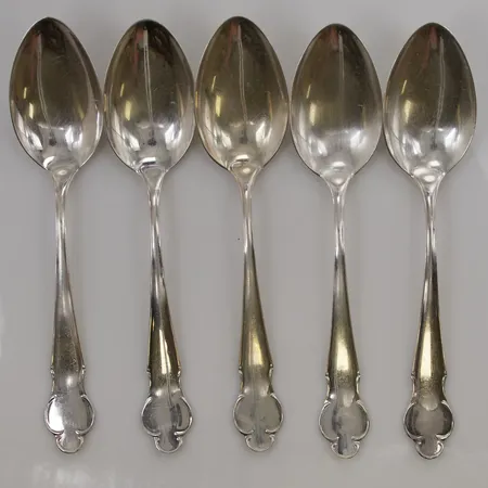 5 Matskedar, 18cm, gravyr, 830/1000 Silver 181,4g.