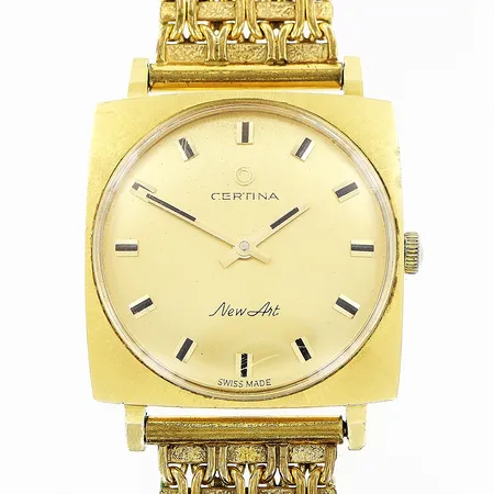 Herrur Certina 18K i boett, manuell, 29x29mm, länk i gulmetall 18,5cm, i behov av service/fungerar ej, fläckar på urtavla, repor på glas, inga tillbehör.