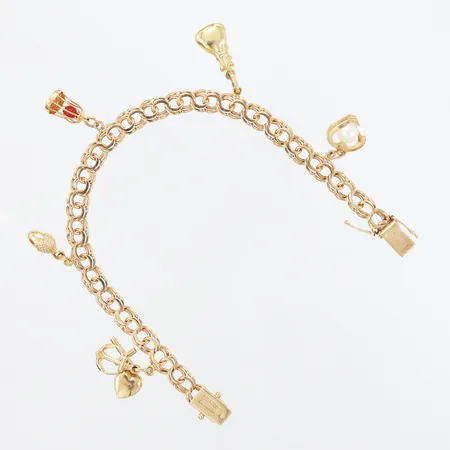 Armband Bismarck med fem berlocker 20cm, bredd: 6,5mm, 1 berlock defekt, 18K Vikt: 19,9 g