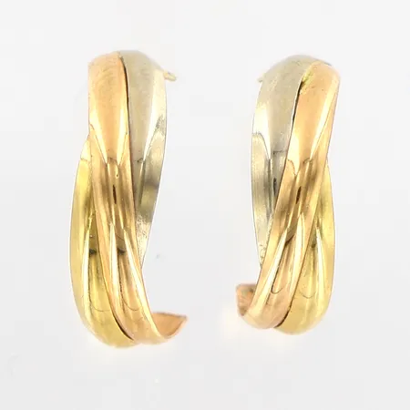 Ett par örhängen 12mm, bredd 4mm, röd/vit/gulguld, något skeva, stopp saknas, 18K.  Vikt: 0,7 g