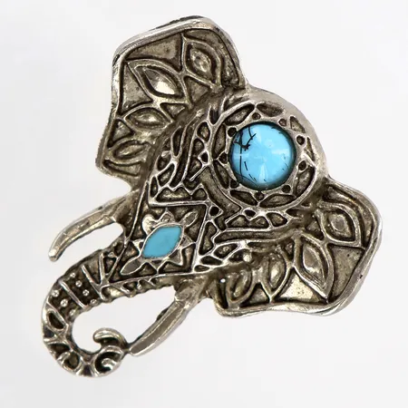 Ring med turkos sten och emalj, elefant, justerbar storlek, ostämplad metall