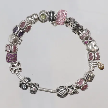 Armband Pandora med 20 berlocker, längd 20cm, bredd 10mm, silver, 925/1000 Vikt: 64,9 g