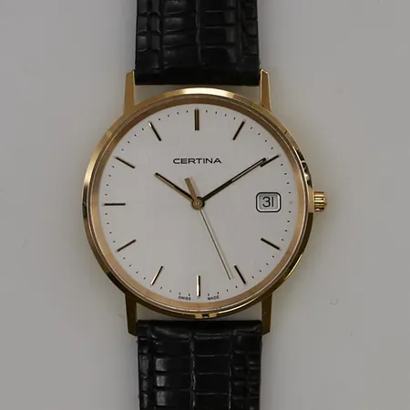 Herrur Certina 18K, 33,5mm, quartz, går ej, batteribyte krävs, graverad , garantikort från 2019, originalband, originalbox, ytterkartong.