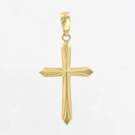 Hänge kors 27x13mm, ihålig, skev ögla, 18K.  Vikt: 0,4 g