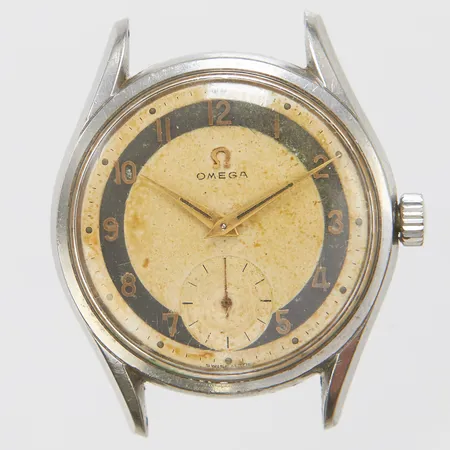 Herrur Omega, stål, manuell, 36mm, boettnr 2791-1, cal.266, verknr 14257145, mineralglas, liten sekundvisare, saknar band, skadad urtavla, repig, ing tillbehör. 