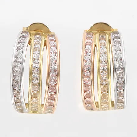 Ett par örhängen vita stenar 13mm, bredd 6-7mm, röd/vit/gulguld, 18K.  Vikt: 2,3 g