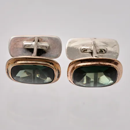 Manschettknappar i silver, mått 15x18,5mm, Grön sten, mått 11x15mm, 835/1000, vikt 10,4g.