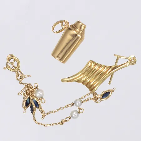 Diverse guld hänge örhänge armband med färgade stenar och pärlor defekt och bucklor 18K Vikt: 2,3 g