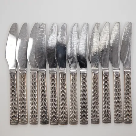 Tolv Bordsknivar modell Juvel, längd: 20cm, rostfritt blad, Norway, silver 830/1000. Bruttovikt: 833g 
