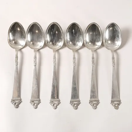 Sex bordsskedar, norska stämplar, längd 18cm, slitage, 830/1000 silver. Vikt: 191,1 g