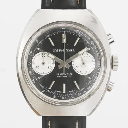 Herrur Mirexal, 70-tal, stål, manuell, kronograf, Ø 37mm, kaliber Valjoux 7733, svart läderband, nagg på glas