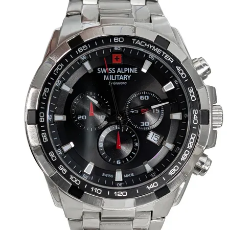 Herrur Swiss Alpine Military Star Fighter 7043.9137 SAM, stål, Ø46 mm, quartz, box, cert, tag, extra länkbitar, mycket fint skick,