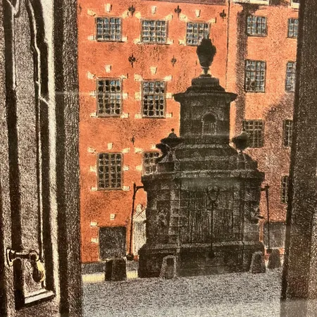Tavla, färglitografi, Reinhold Ljunggren (1920-2006), Stortorget, nr: 262/310, motivet 40x31cm, yttermått 58x47cm Skickas med postpaket.