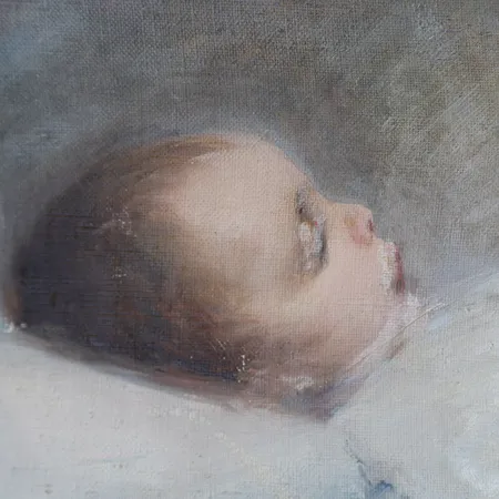 Tavla, olja på duk, Venny Soldan-Brofeldt, , vilande barn, ej ramad, ca 25x35cm, ytslitage.  Äkthetsintyg utfärdat av Claire Brofeldt, 2007. Skickas med postpaket.