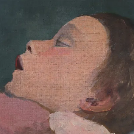 Tavla, olja på duk, Venny Soldan-Brofeldt, studie," Sovande barn I och II, ej ramad, ca 29x47cm, ytslitage, genomgående hål, revor. Äkthetsintyg utfärdat av Claire Brofeldt, 2007. Skickas med postpaket.