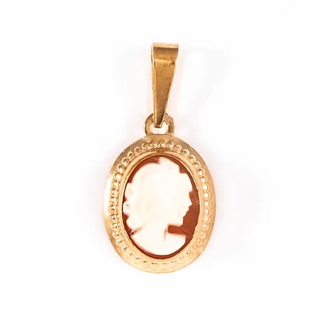 Hänge camé i 18K guld. Det är 17,4 mm långt inkl. ögla och väger 0,5g. 