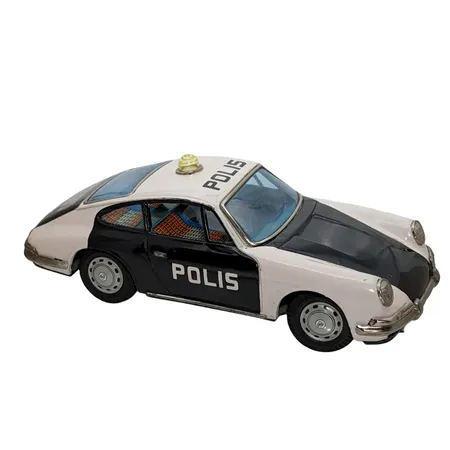 Plåtbil, leksaksbil, "Polis" Porsche, Bandai Japan, 1960/70-tal, friktion, längd 26 cm, gott bruksskick, vikt omkring 320 gram