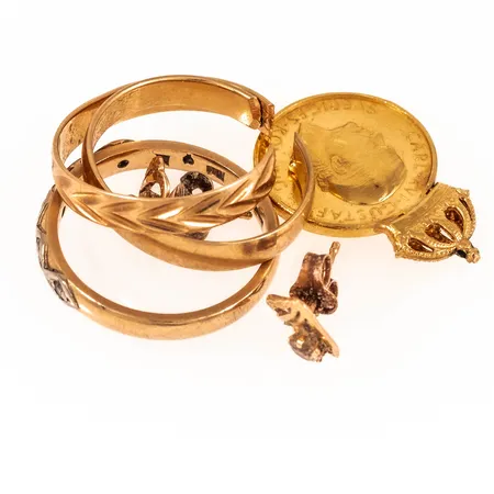 Diverse defekt/graverat guld i 18K. Vikt: 11,2g. 