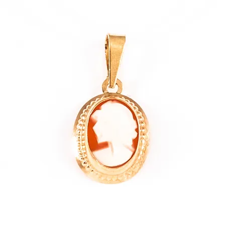 Hänge camé i 18K guld. Det är 17 mm långt inkl. ögla och väger 0,5g. 