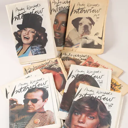 Elva tidningsmagasin, Andy Warhols Interview, från 1974 och1975, bruksslitage, skador.