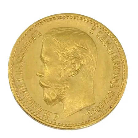 Guldmynt, Ryssland 5 Rubel 1898, Nicholas II, 900/1000 (21,6K), Ø18,5 mm, mindre märke på kantrand Vikt: 4,3 g