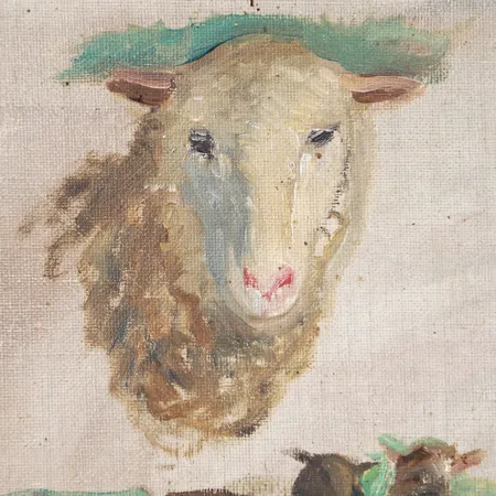 Tavla, olja på pannå, Venny Soldan-Brofeldt, får, ej signerad, ytslitage, fläckar. Äkthetsintyg utfärdat av Claire Brofeldt, 2007. Skickas med postpaket.