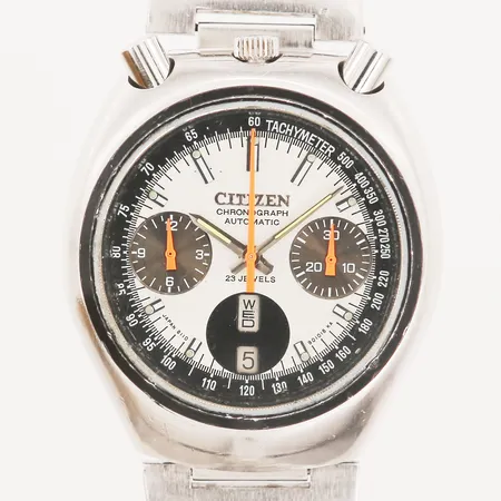 Herrur Citizen, Challenge Timer "Bullhead", Ø 38mm, stål, manuell, ref-nr: 67-9011, serienr: 70405157, boett-nr: 4-901177, safirglas, dag/datum, kronograf, stållänk och viklås, bruksslitage, extra länkbitar Vikt: 0 g