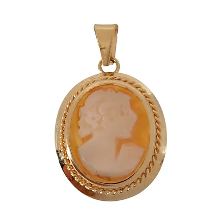 Caméhänge, 18K guld, tillverkarstämpel FIN, svensk kontrollstämpel, längd inkl. ögla 22 mm, bredd 13 mm, fint skick Vikt: 1,2 g