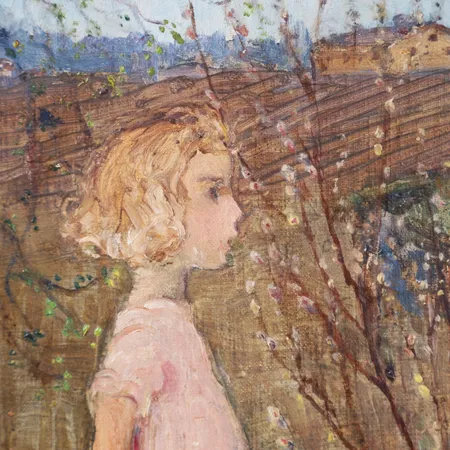 Tavla, olja på pannå, Venny Soldan-Brofeldt, "flicka vid bäcken", signerad VS-B, ca 17,5x24cm, bristfällig montering av ram, mindre färgbortfall vid kanter. Skickas med postpaket.