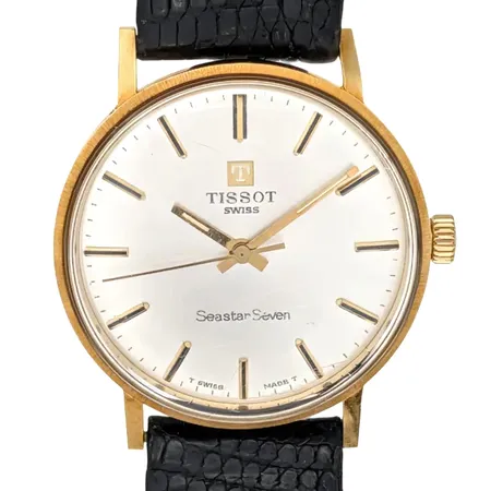 Herrur Tissot Seastar Seven, 18K guld, Ø33,5 mm, manuell, gravyr, bruksmärken, original skinnband och spänne - slitage Vikt: 0 g