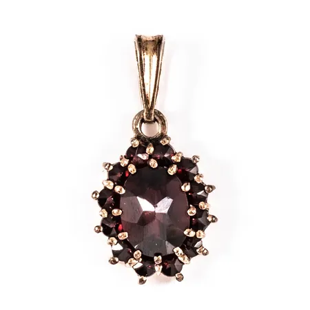 Hänge i förgyllt silver (830/1000) med granater. Det är 11,5 mm brett, 22,5 mm långt inkl. ögla och väger 1,7g. 