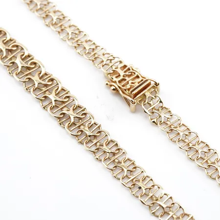 Collier, x-länk m satv, dosserat, 43,5cm, bredd 7mm, 18k, fint skick Vikt: 12,4 g