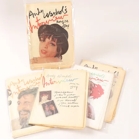 Fem, tidningsmagasin, Andy Warhols Interview, från 1972, juni, juli, augusti, oktober, december, med skyddsplast.