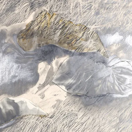 Tavla, Roy Friberg, blyerts och kollage på papper, ca 90x123cm, ej ramad, mindre kantskador, uppfodrad på pappannå, mindre reva.    Specialfrakt, kontakta pantbankskontoret för mer information.