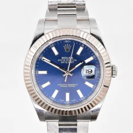 Herrur Rolex Oyster Perpetual Datejust II,automatisk, stål, ref-nr: 116334, serie-nr: 22P4K784,  Ø41mm, blå urtavla, safirglas, viklås, oysterlänk längd ca 20cm, certifikat, kvitto från Nymans Ur 2017,  bruksslitage, repor på länk, boett med mindre repor, garantihållare, servicefodral, inga övriga tillbehör Vikt: 0 g