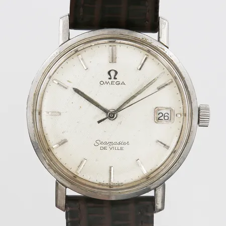 Herrur Omega Seamster De ville, stål, manuell, datum, Ø34mm, smutsig urtavla, plexiglas, läderband ej original