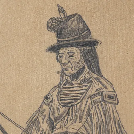 Tavla, blyerts på papper, Wes Lang "Powderfinger", 2006, bildyta 35x27cm, ej examinerad ur ram. Specialfrakt, kontakta pantbankskontoret för mer information.