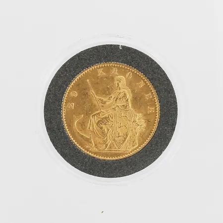 Mynt, 20 Kroner, Christian IX, Danmark, 1873, Ø23mm, etui, 21,6K. Vikt: 8,9 g