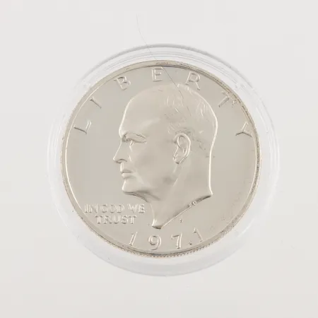 Mynt, Amerikansk silverdollar, 1 Dollar, Dwight D. Eisenhower, Ø38,1mm, 400/1000 silver, plastetui, certifikat från Mynthuset Sverige. Vikt: 24,6 g