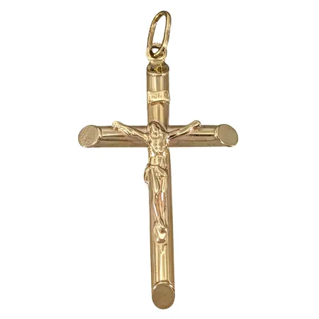 Hänge Krucifix, 18K guld, längd inkl. ögla 47,5 mm, bredd 24 mm, tjocklek 5 mm, fint skick Vikt: 3,6 g