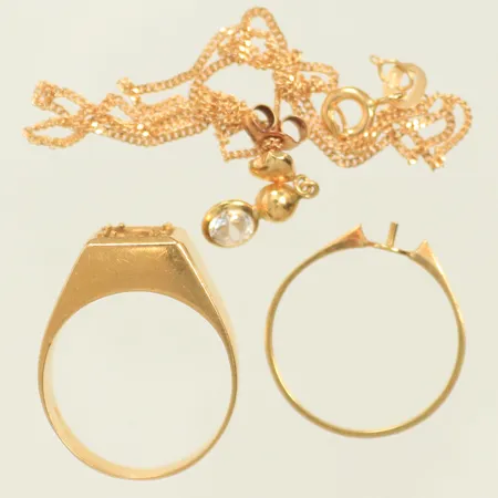 Halskedja, två ringar, ett udda örhänge med vita stenar, samtligt defekt, saknar stenar, 18K, 7,4g Vikt: 7,4 g