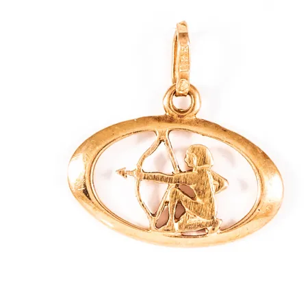 Hänge i 18K guld: Stjärntecknet Skytten. Det är 18,5 mm brett, 18,5 mm långt inkl. ögla och väger 1,1g. 