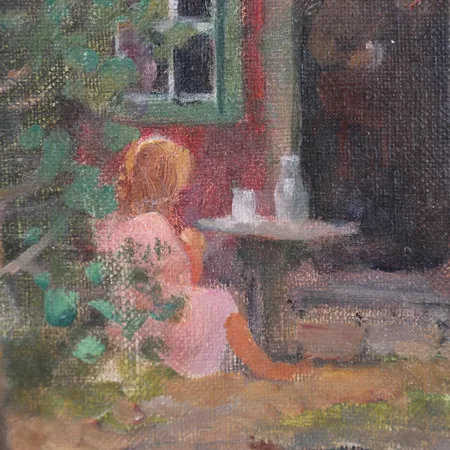 Tavla, olja duk, Venny Soldan-Brofeldt, Figurscen med röd stuga, signerad VS-B, ca 41x33cm, duk med tryckskada. Äkthetsintyg utfärdat av Claire Brofeldt, 2007. Skickas med postpaket.