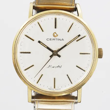 Herrur Certina NewArt, manuell, snr. 441.3810.68, graverad bakboett, flexiarmband i metall, boett i 18K guld