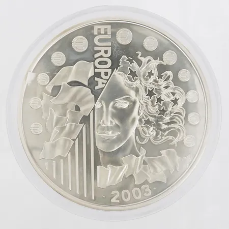 Jubileumsmynt, 50 Euro, 2003, Ø100mm, garantikort Monnaie de Paris, etui, 925/1000. Vikt: 1000 g