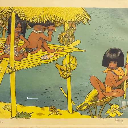 Färglitografi av Ingrid Vang Nyman, numrerad 60/200, bildmått 37x27mm, rammått 43x34xm, signerad, gulnad och fuktskada i kanten, sliten inramning Skickas med postpaket.